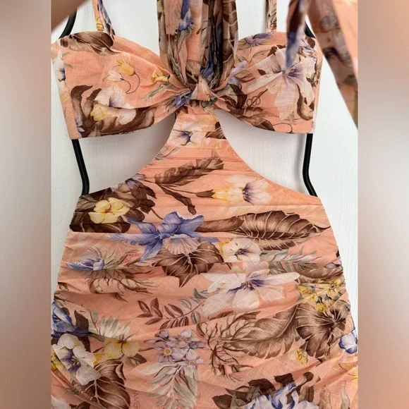 Zimmermann Coco Floral Print Bow Detail Mini Dress Peach Multi Various Size - Picture 8 of 16